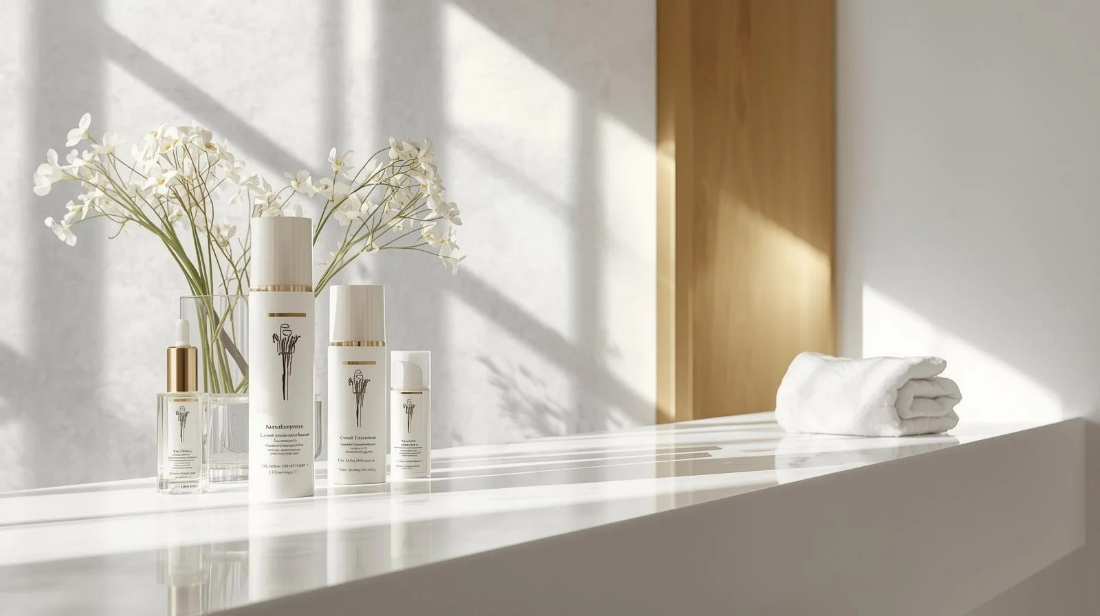 A collection of skincare products and a white towel on a modern, minimalist bathroom countertop with sunlight and shadow patterns.