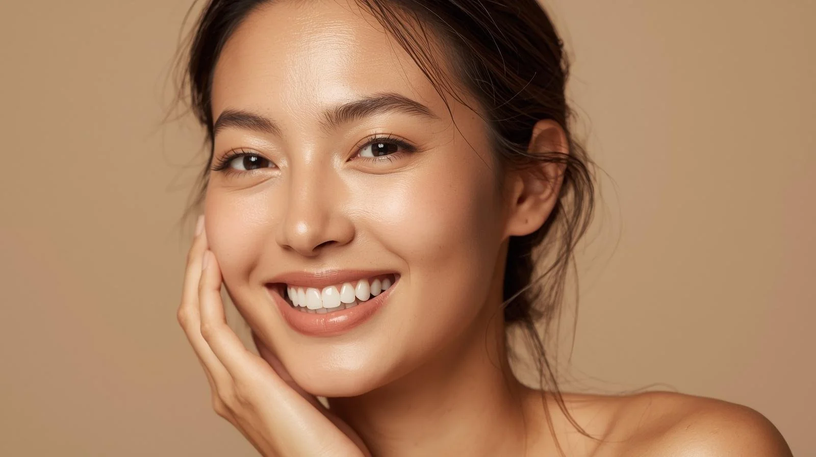 A young woman with a radiant smile and clear skin, touching her cheek with her hand, against a neutral background.