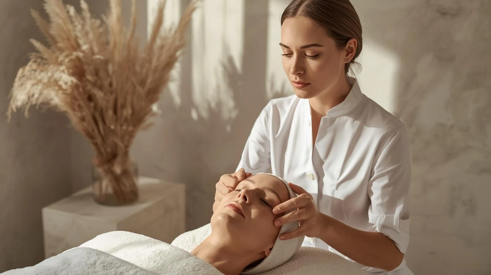 A woman is receiving a facial treatment from a beautician in a spa or wellness center, with a neutral-colored wall and a decorative dried plant in the background.