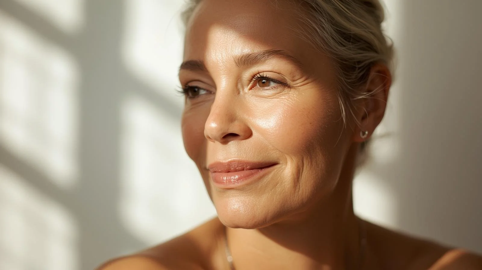 Close-up of a middle-aged woman's face with a warm smile and soft lighting.