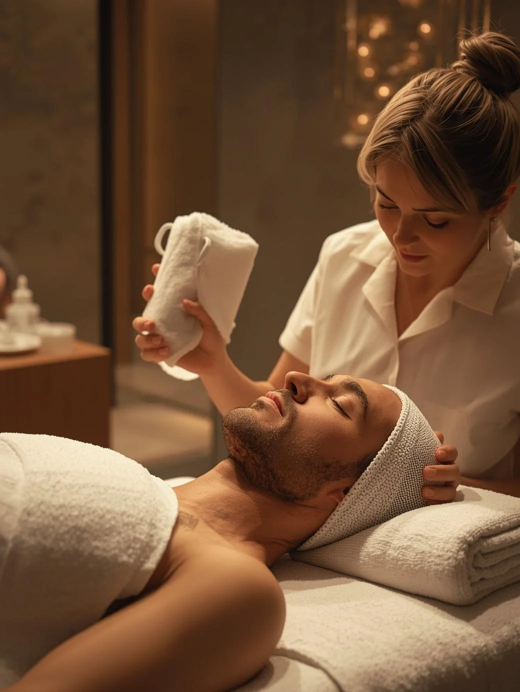 A woman giving a facial treatment to a man lying on a massage table in a spa. The man has a towel wrapped around his body and a headband, while the woman is smiling and holding a rolled towel.
