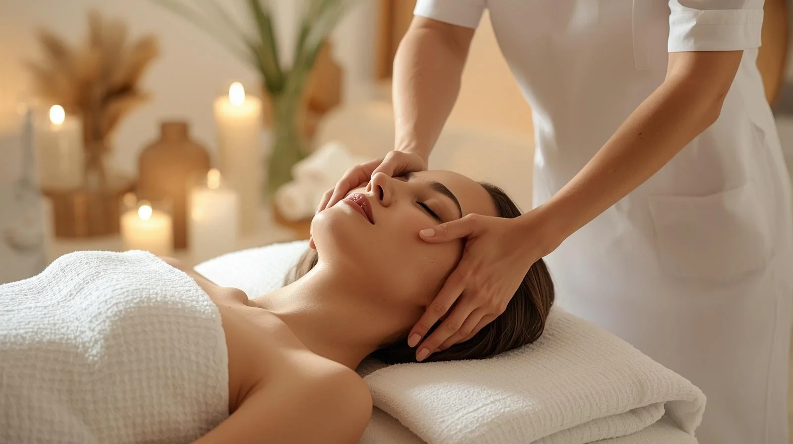 A woman receiving a facial massage in a spa or wellness center