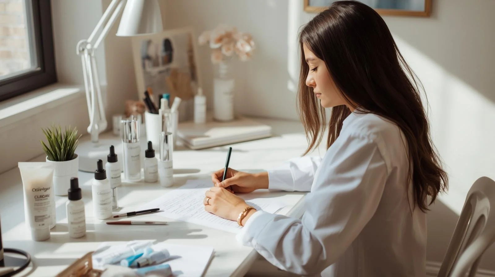A woman in a white lab coat sitting at a white desk, writing on a paper. The desk has skincare or cosmetic bottles, a pen, and a potted plant. Sunlight is coming through a window.