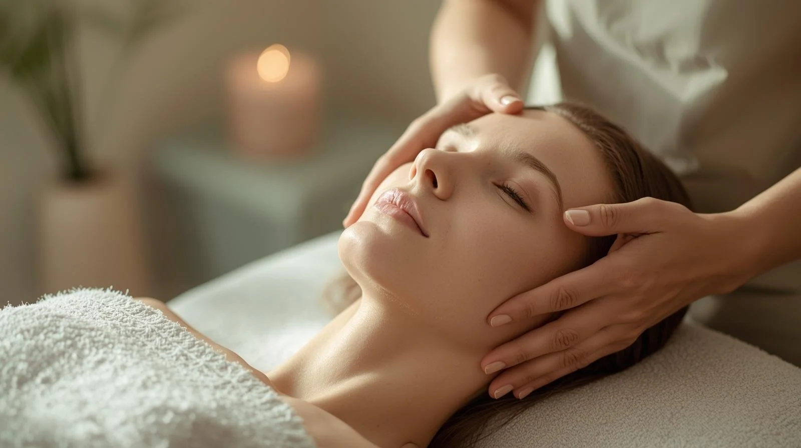 A woman receiving a massage, lying on a massage table with her eyes closed, wrapped in a towel, as a massage therapist's hands gently hold her head and neck.