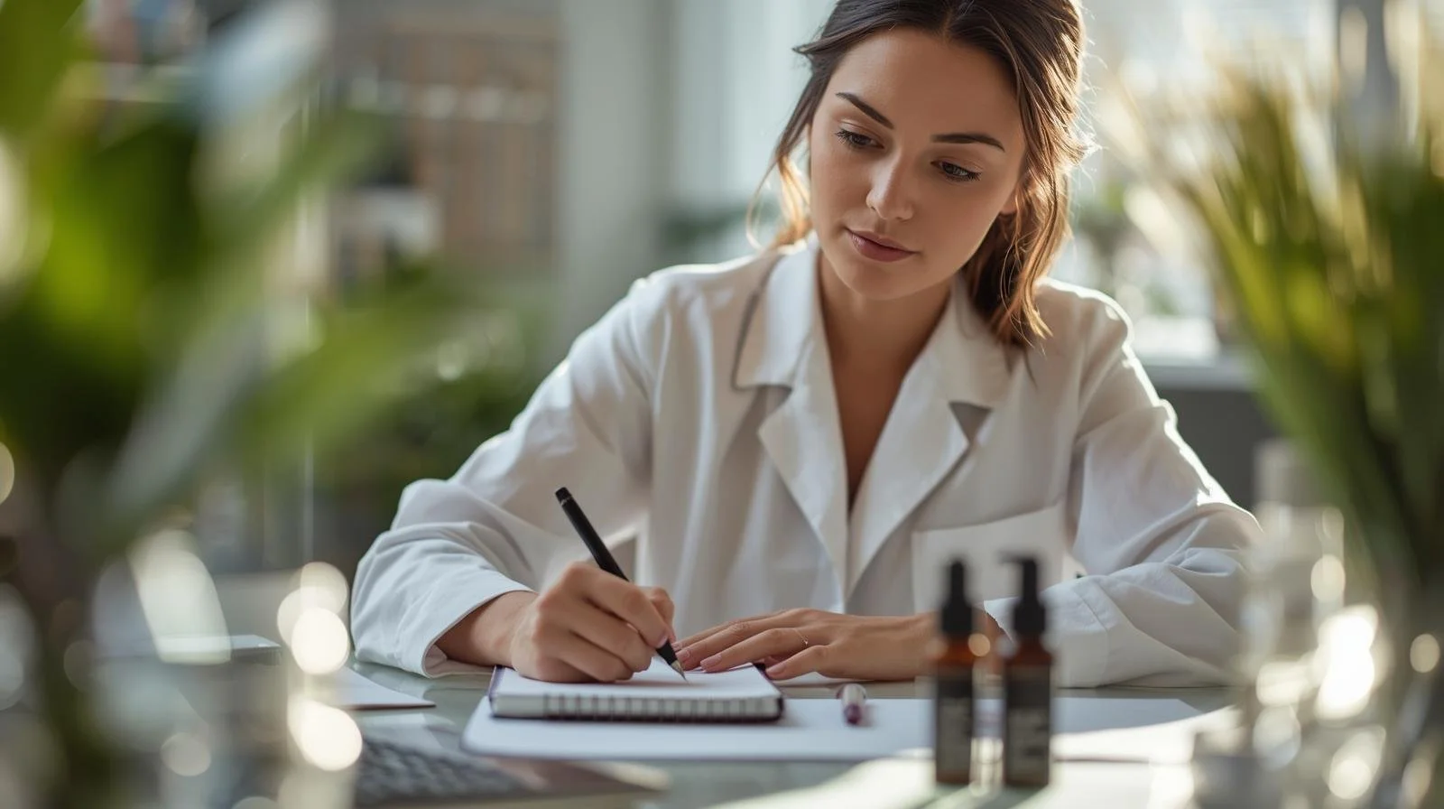 Young female scientist writing notes at a laboratory table with bottles, papers, and plants around.