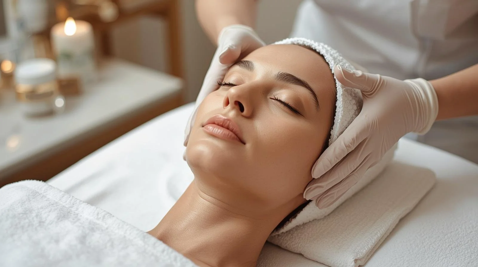 A woman receiving a facial treatment at a spa or clinic, with her eyes closed and a calm expression, while a professional in gloves gently massages her face with a towel wrapped around her head.