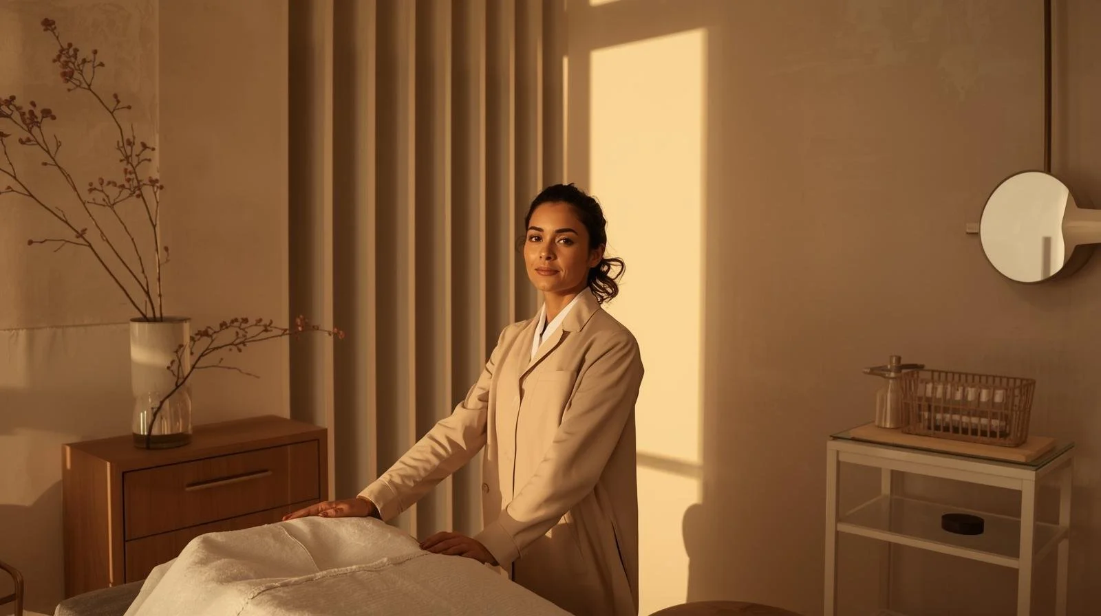 A woman in a beige blazer standing beside a bed in a warmly lit room with minimalist decor, including a wooden dresser with a vase and branches, and a small table with a basket and a mirror.