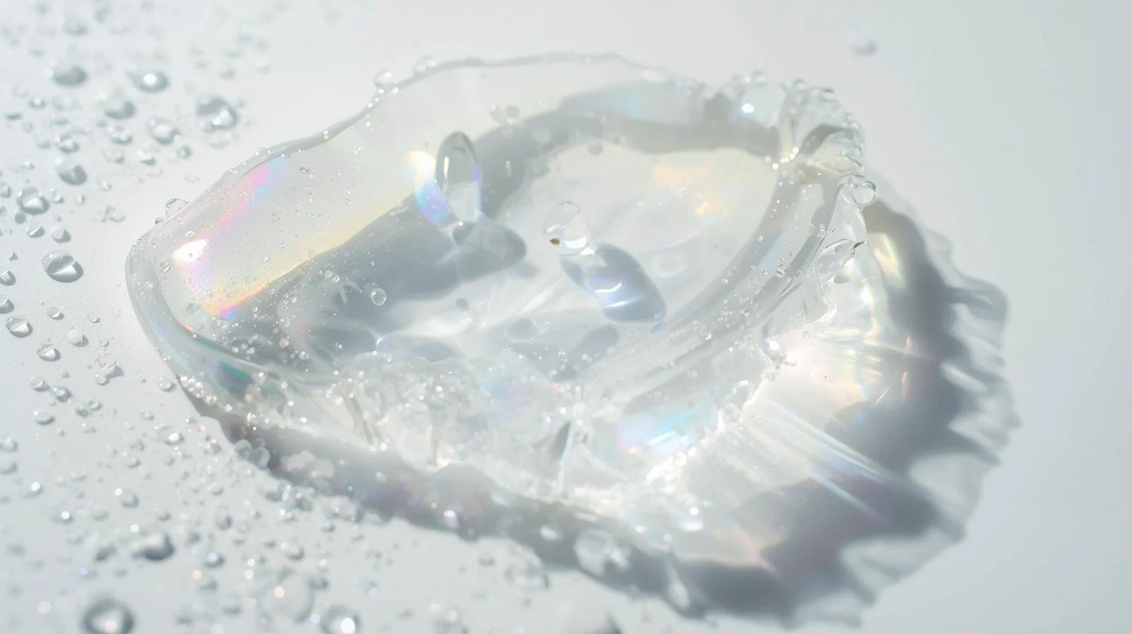 A close-up of a transparent ice cube with water droplets on a white surface