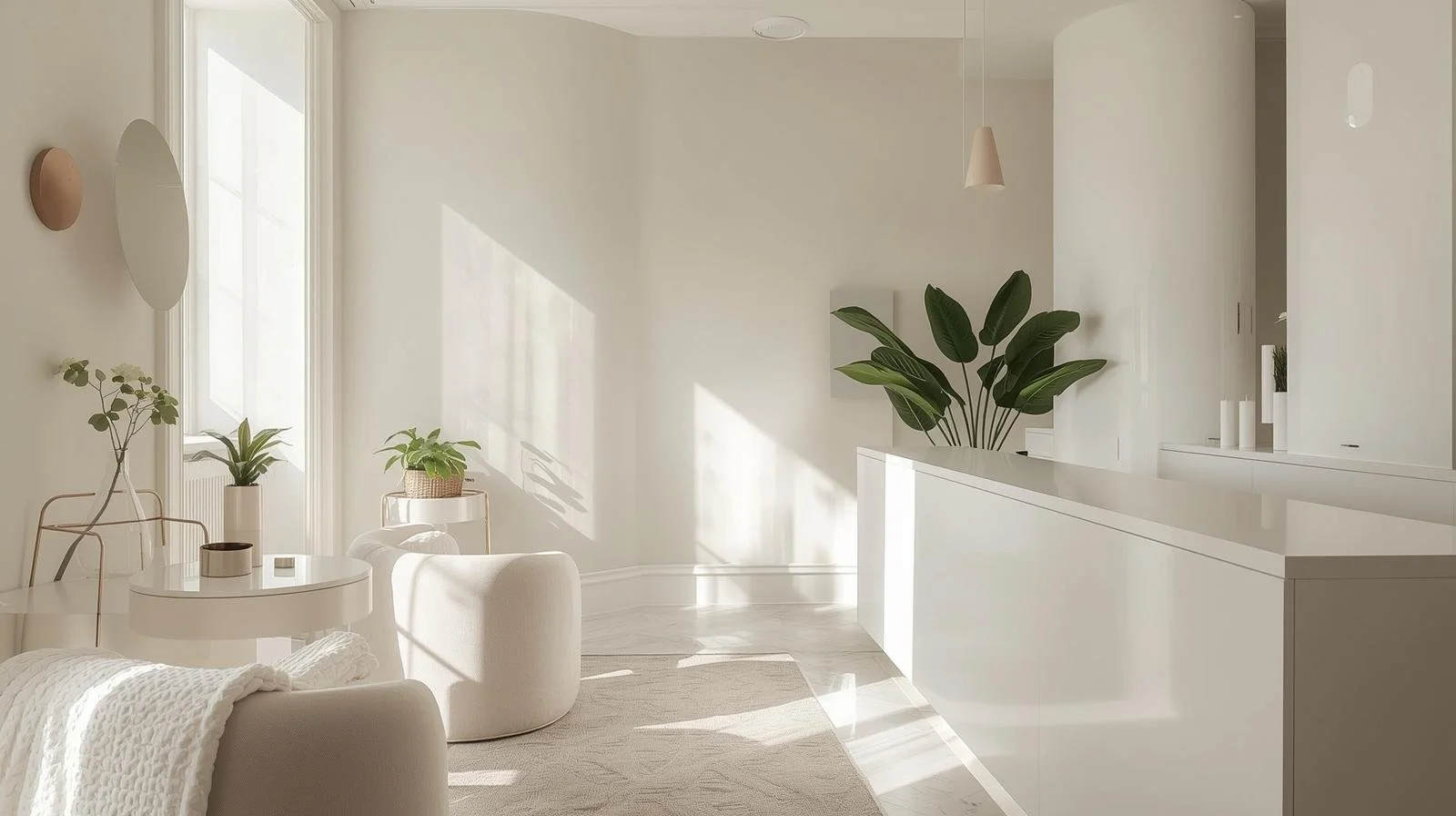 Bright, minimalist living room with white walls, large windows, and simple furniture including a white armchair, small round table, and several potted plants, illuminated by natural sunlight.