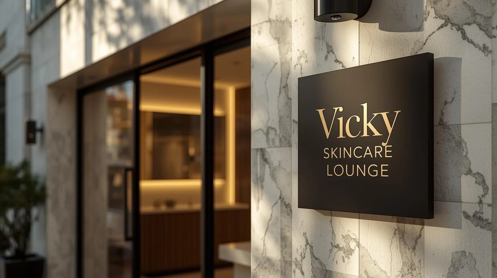 Exterior of Vicky Skincare Lounge with a black sign showing the name in elegant gold letters, marble wall, and open doorway revealing modern interior with warm lighting.