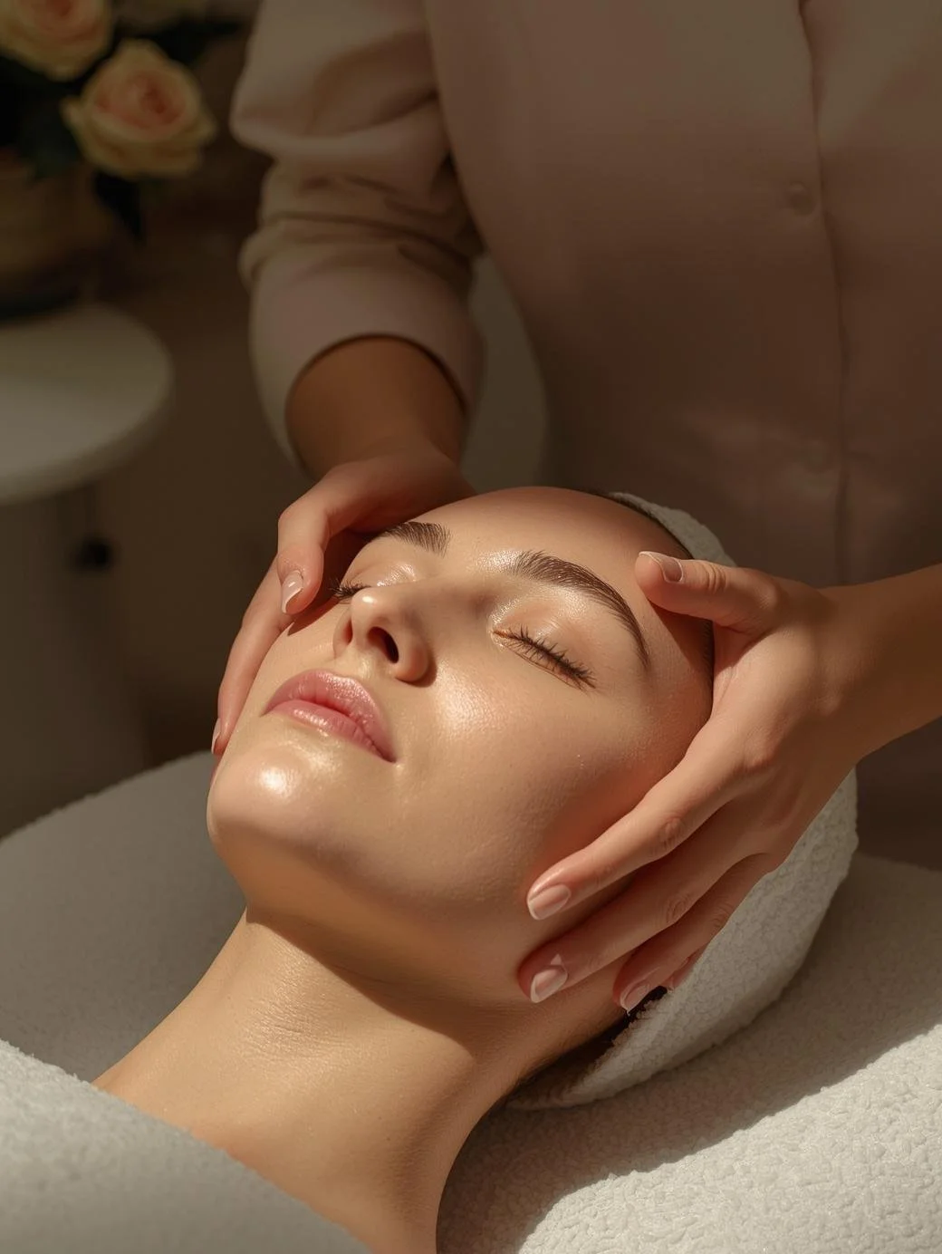 A woman receiving a facial massage while lying down with closed eyes in a spa setting.