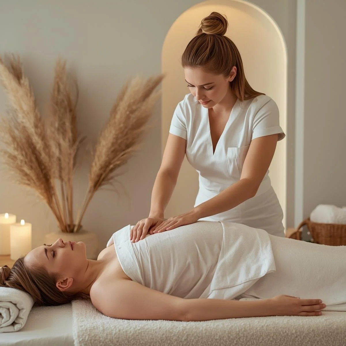 A woman receiving a massage from a massage therapist in a spa or wellness center, with lit candles and decorative pampas grass in the background.