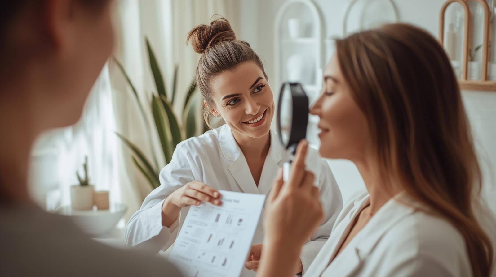A healthcare professional examining a woman's eye with a magnifying glass in a well-lit clinic.