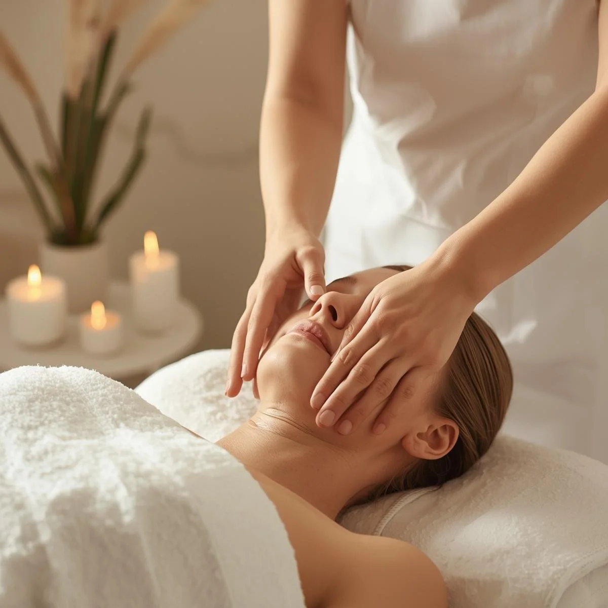 A person receiving a facial massage while lying on a massage table in a spa setting with lit candles and a plant in the background.