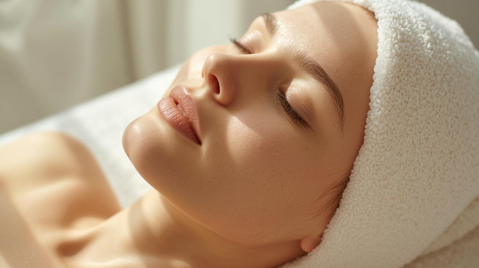 Close-up of a woman's face with smooth skin, relaxed expression, and wrapped in a towel.