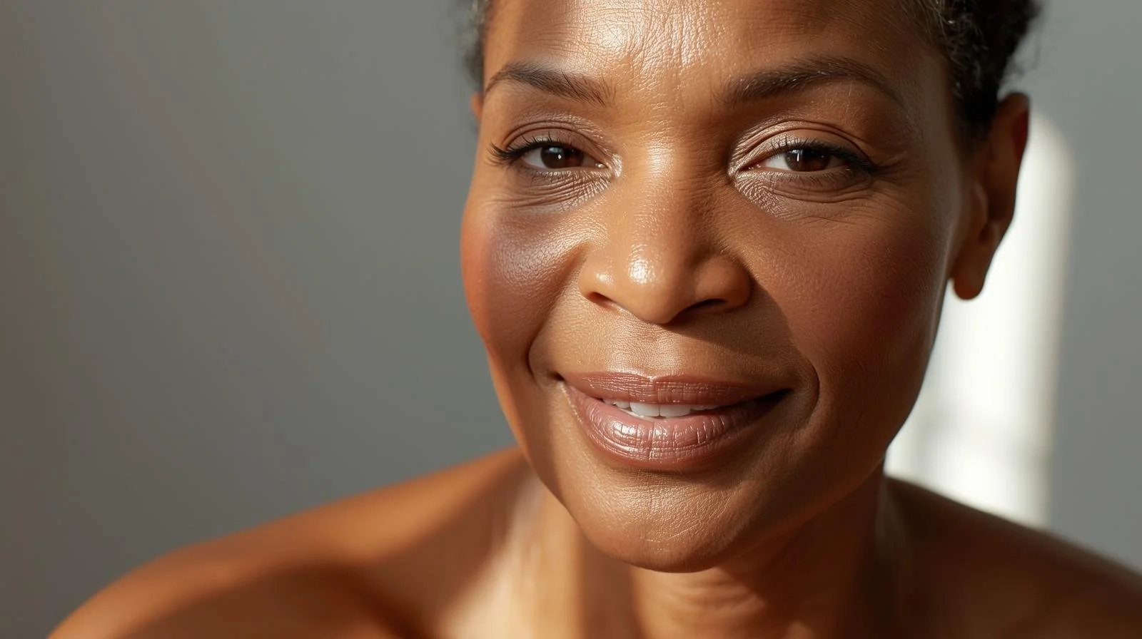 Close-up of a smiling woman with natural makeup and short, textured hair, looking confidently at the camera.