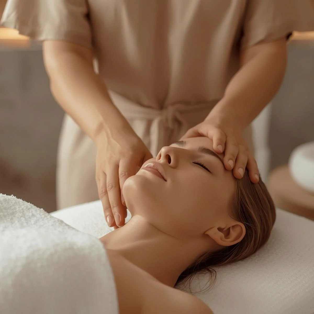 A woman receiving a facial massage in a spa setting, with her eyes closed, lying on a treatment table, and a therapist gently massaging her face and head.
