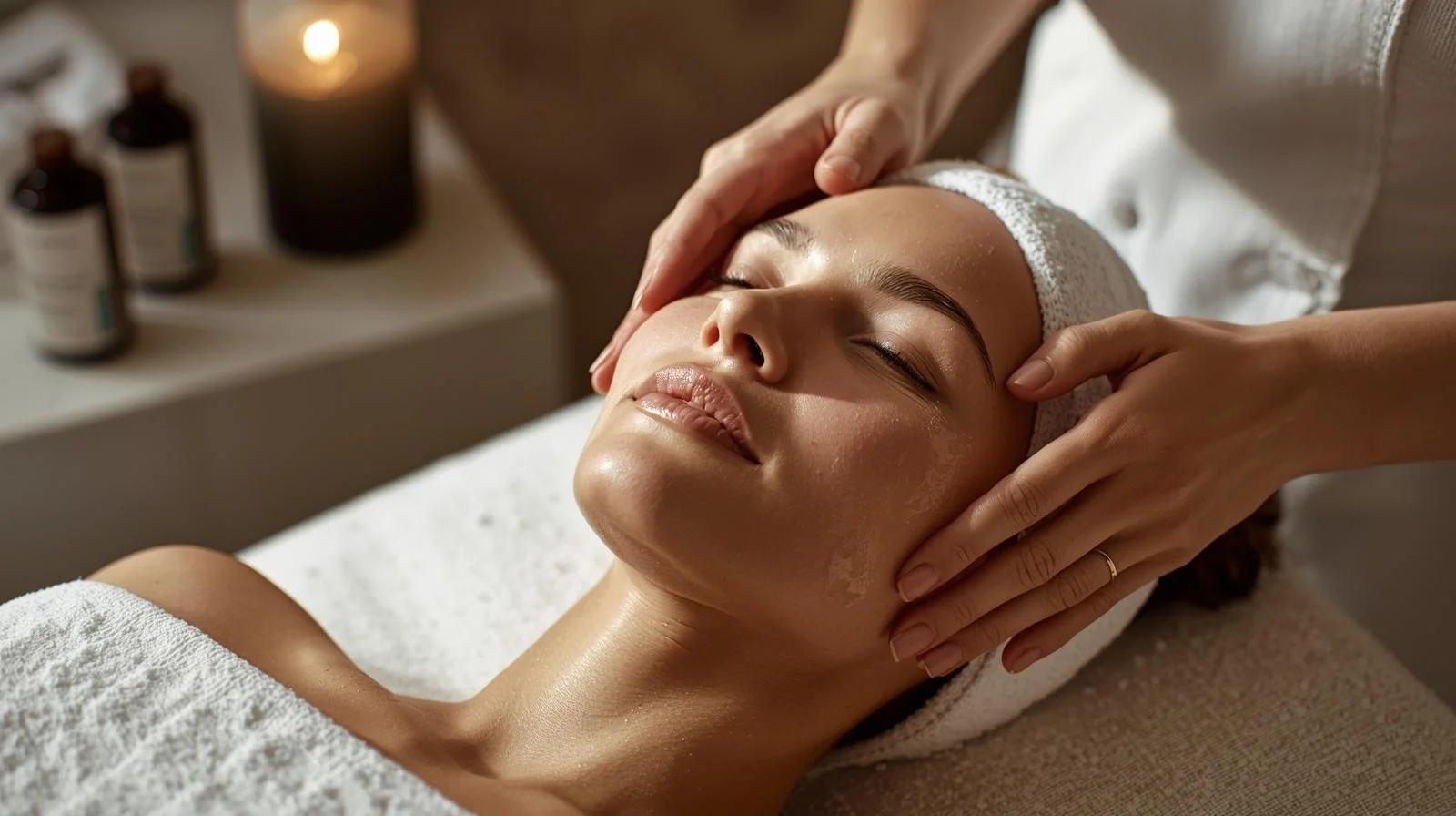 A woman receives a facial massage at a spa with a towel wrapped around her head and bottles of skincare products in the background.