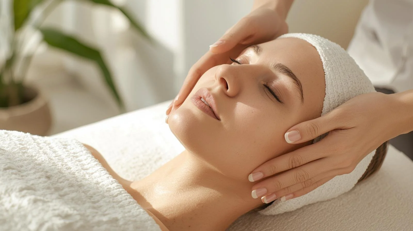 A woman receiving a facial treatment at a spa, with her eyes closed and a towel wrapped around her head.
