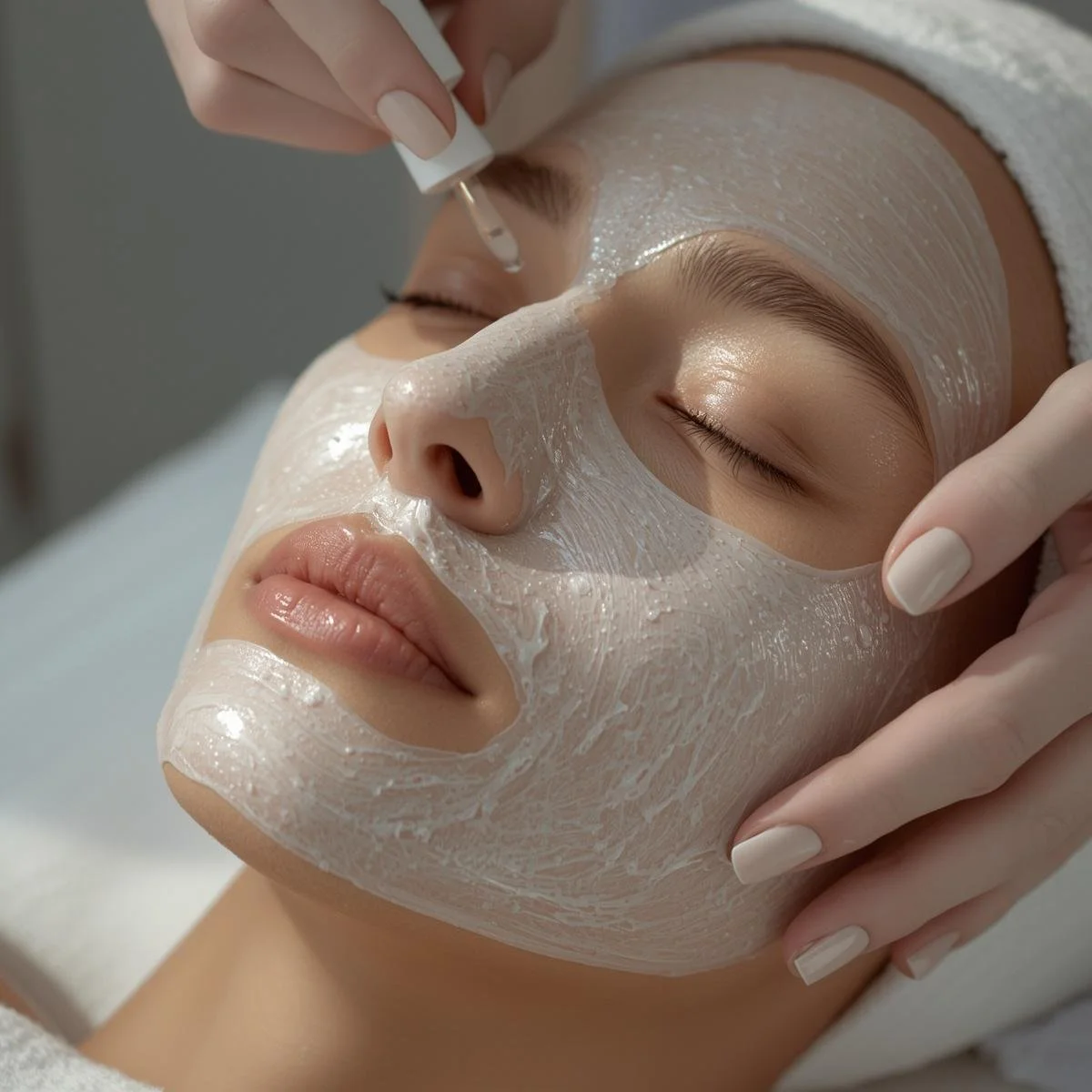 A woman receiving a facial treatment, lying down with her eyes closed, with a white facial mask applied to her face while a skincare professional applies a serum or treatment with a dropper.