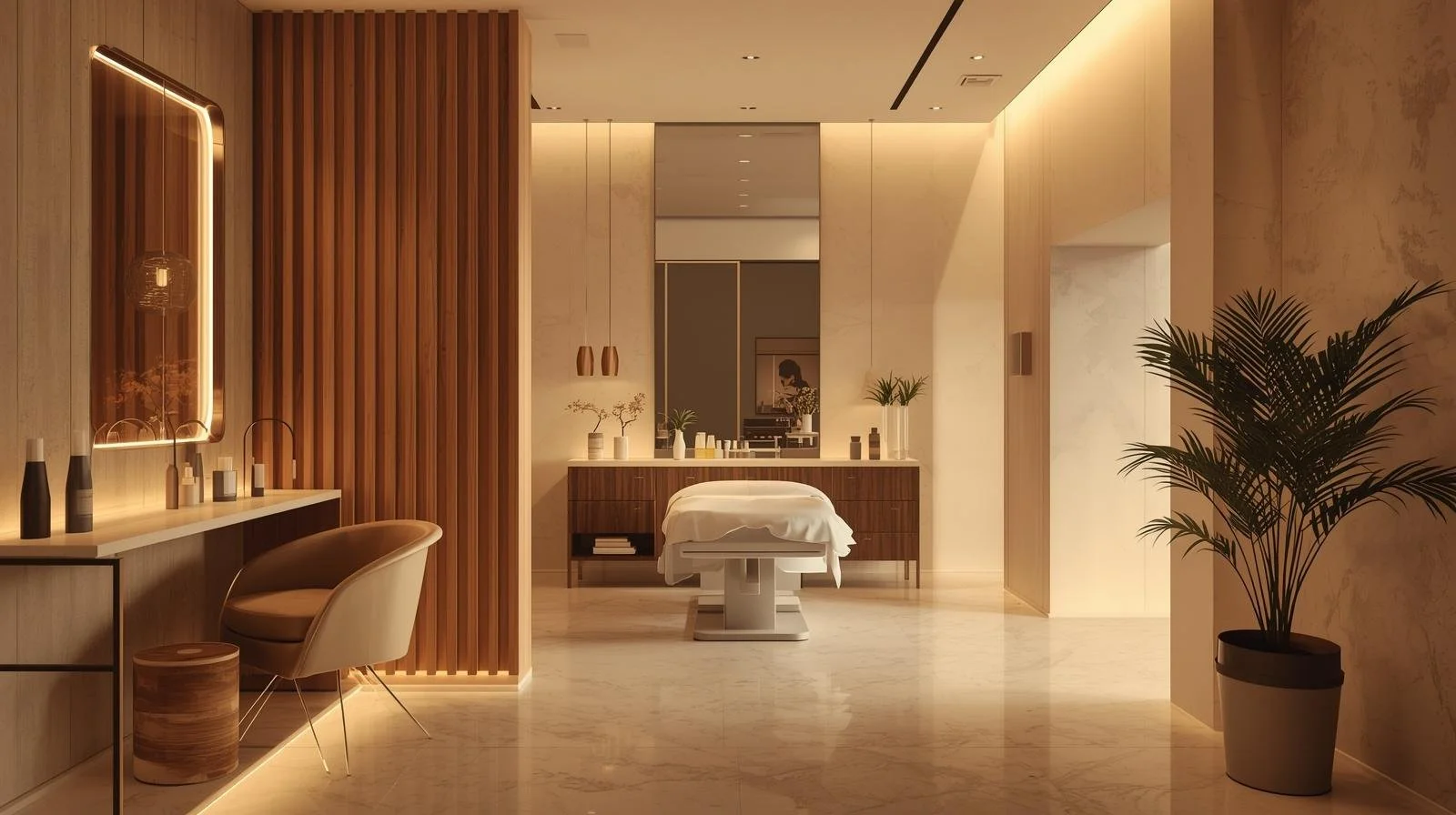 Modern spa treatment room with massage bed, decorative plants, wooden furniture, and warm lighting.