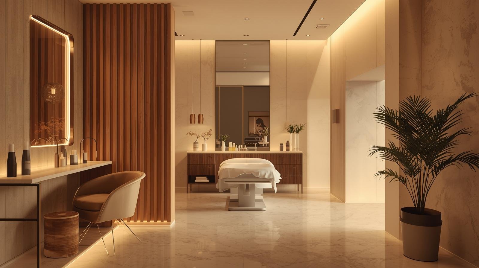 A luxurious spa room with warm lighting, a massage bed in the center, decorative plants, wooden accents, and elegant decor.