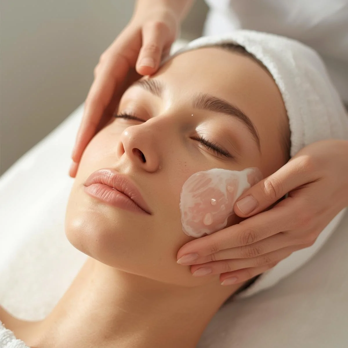 A woman receiving a facial treatment, with someone applying a creamy mask to her cheek in a spa setting.