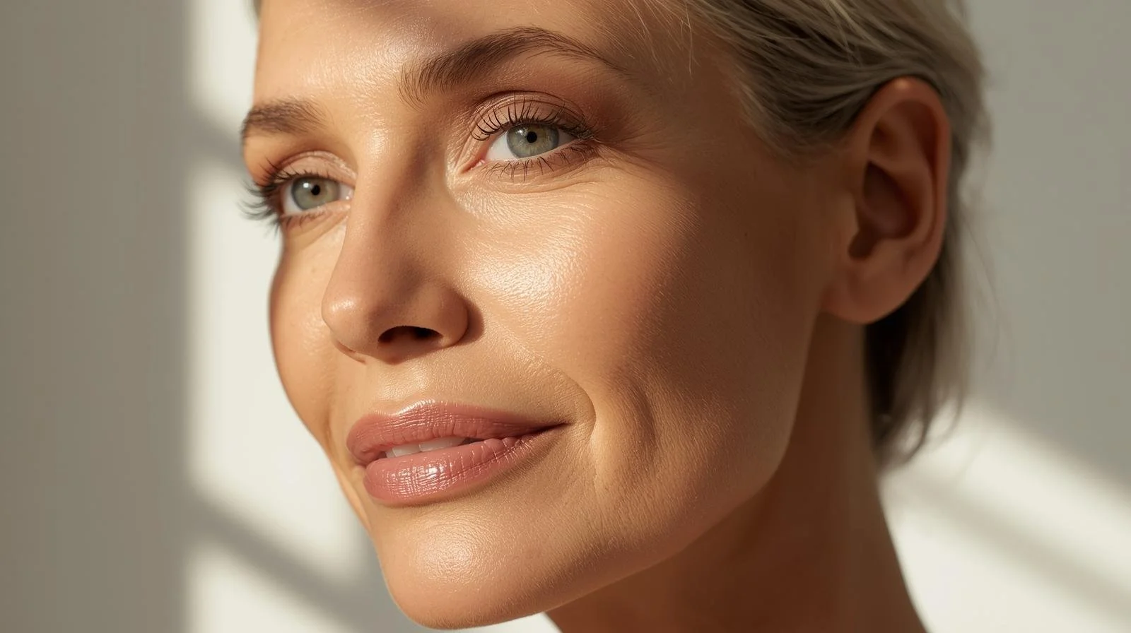 Close-up of a woman with fair skin, blonde hair, blue eyes, and natural makeup, looking thoughtfully into the distance.