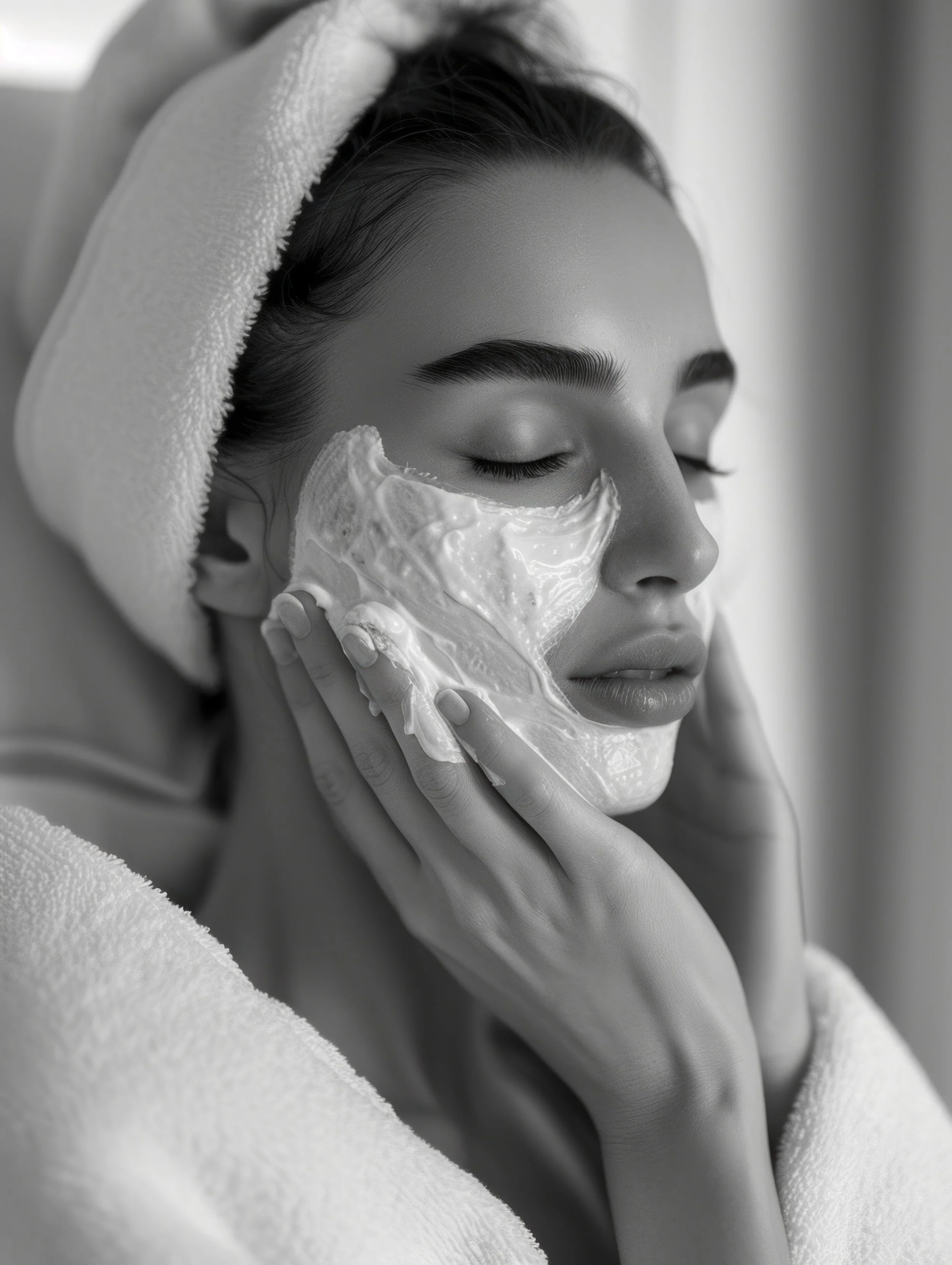 A woman with closed eyes and a towel wrapped around her head is applying a facial mask with her hands.
