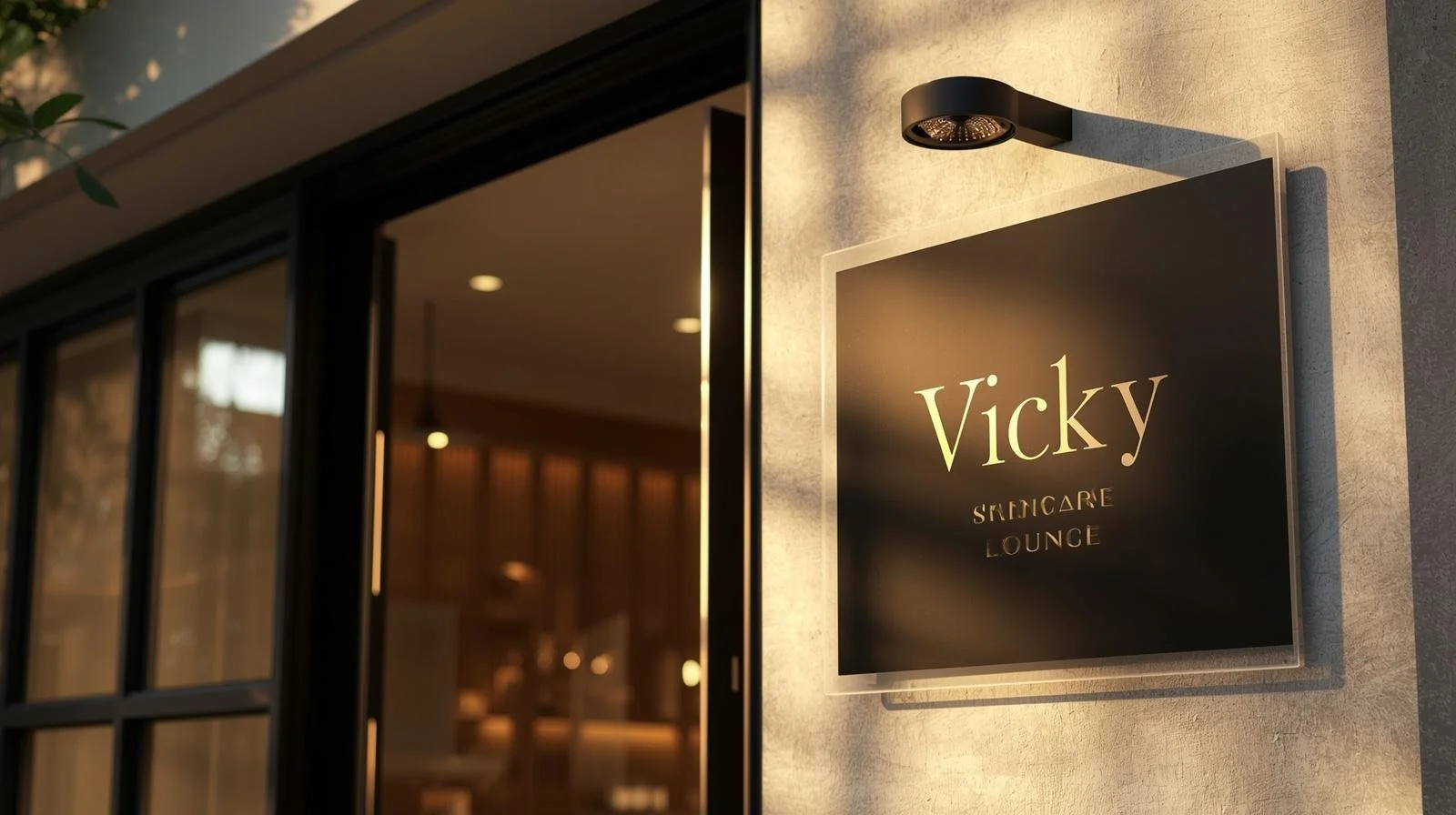 Sign for Vicky Skin Care Lounge illuminated outside a modern building.