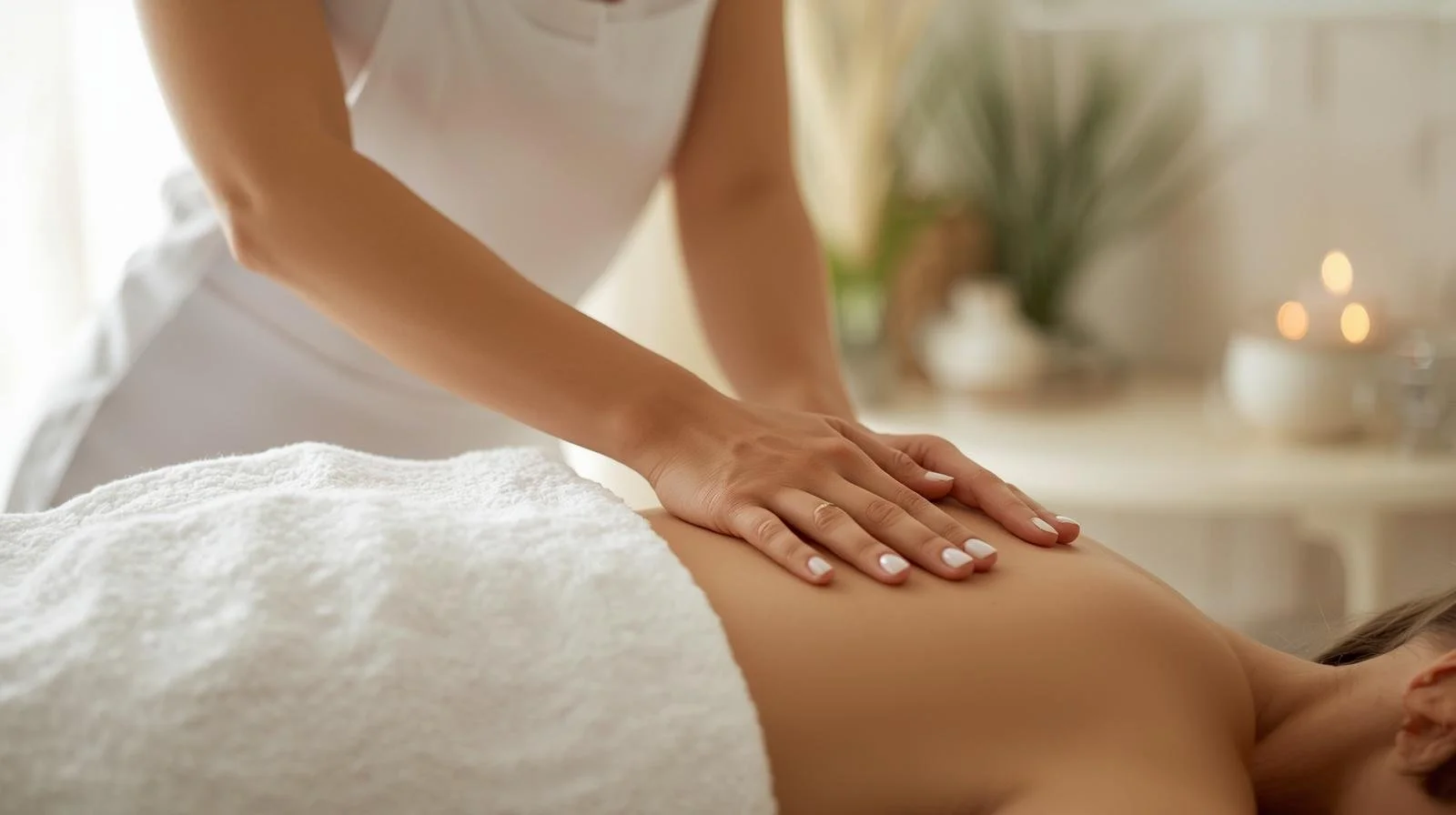 Person receiving a massage on their back in a spa or massage therapy setting.