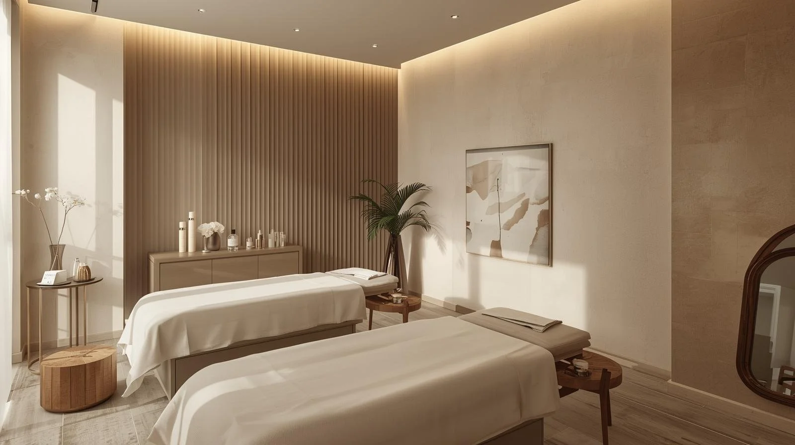 Modern spa room with two massage beds, a side table, a large potted plant, abstract wall art, and minimal decor.