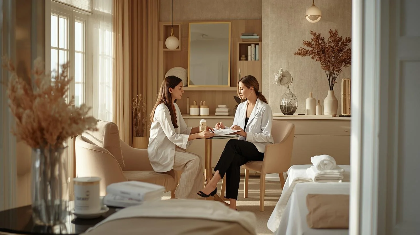 Two women in white coats sit at a small round table having a discussion in a well-lit, modern interior space decorated with neutral tones, vases, and plants.