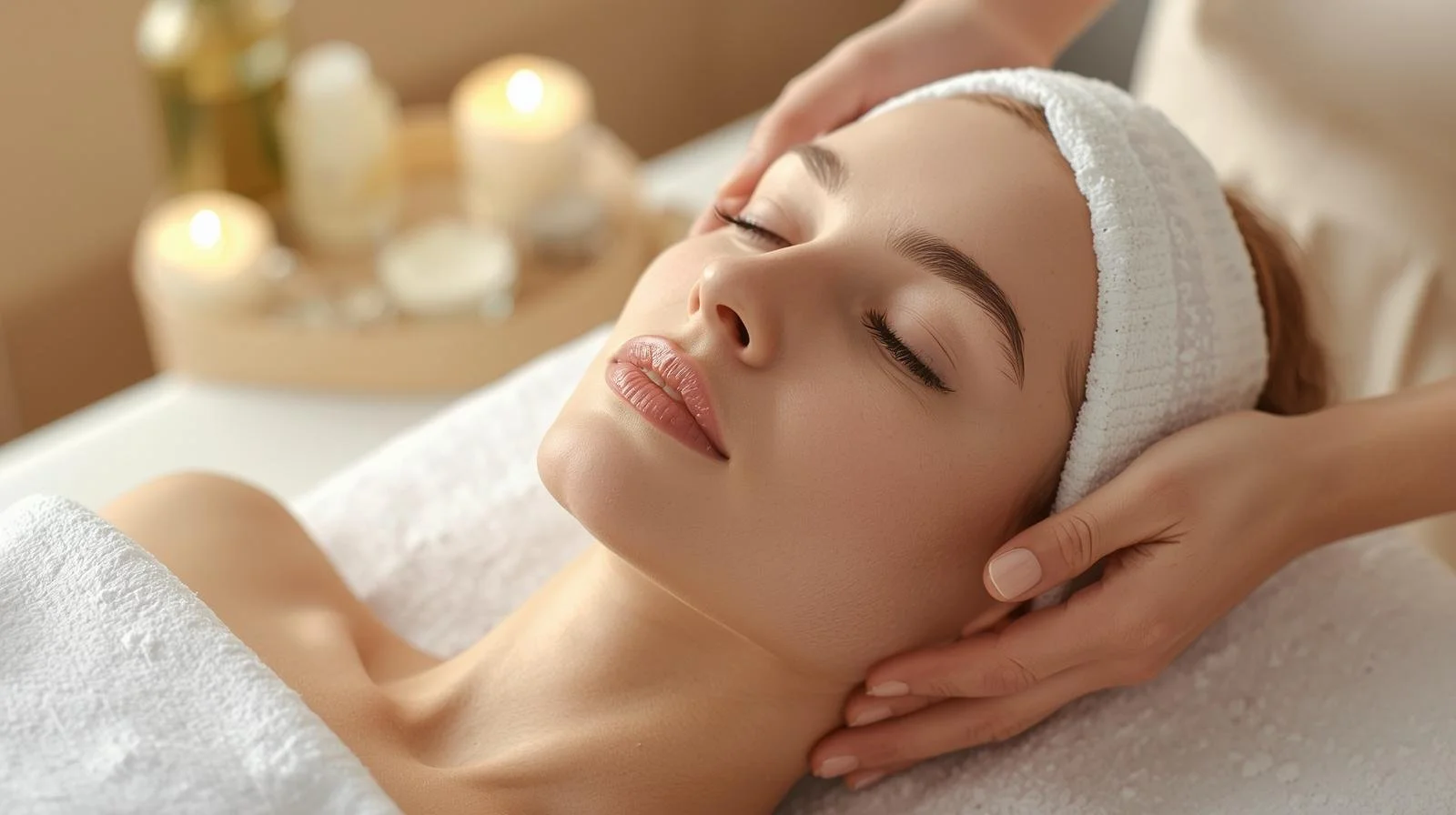 Woman receiving a facial massage in a spa, with candles in the background.
