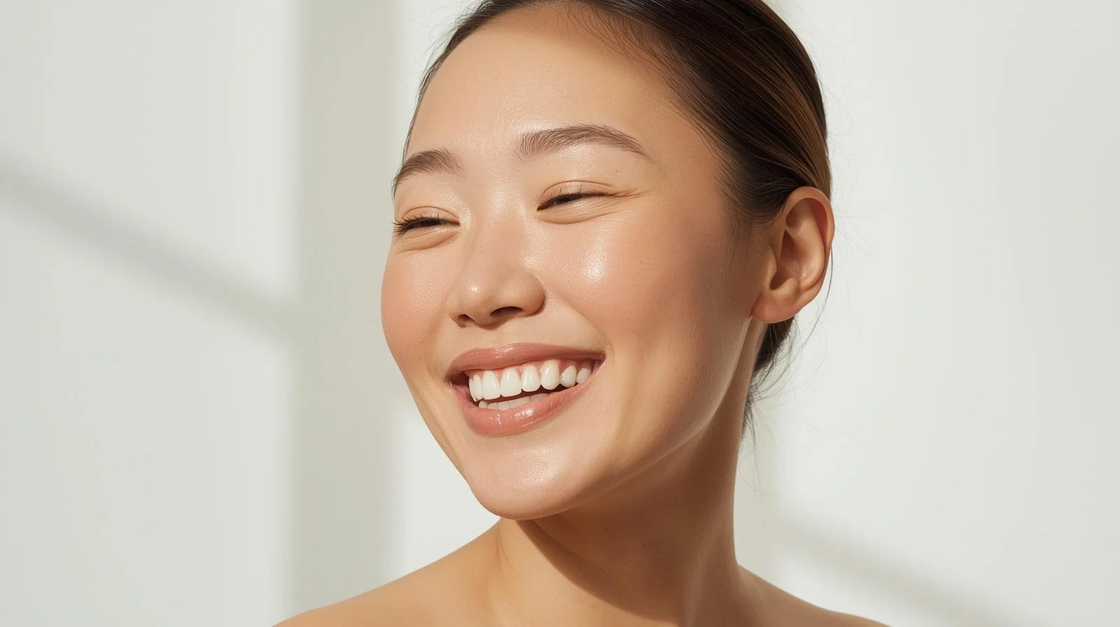 Close-up of a smiling woman with glowing skin, light makeup, and brown hair pulled back.