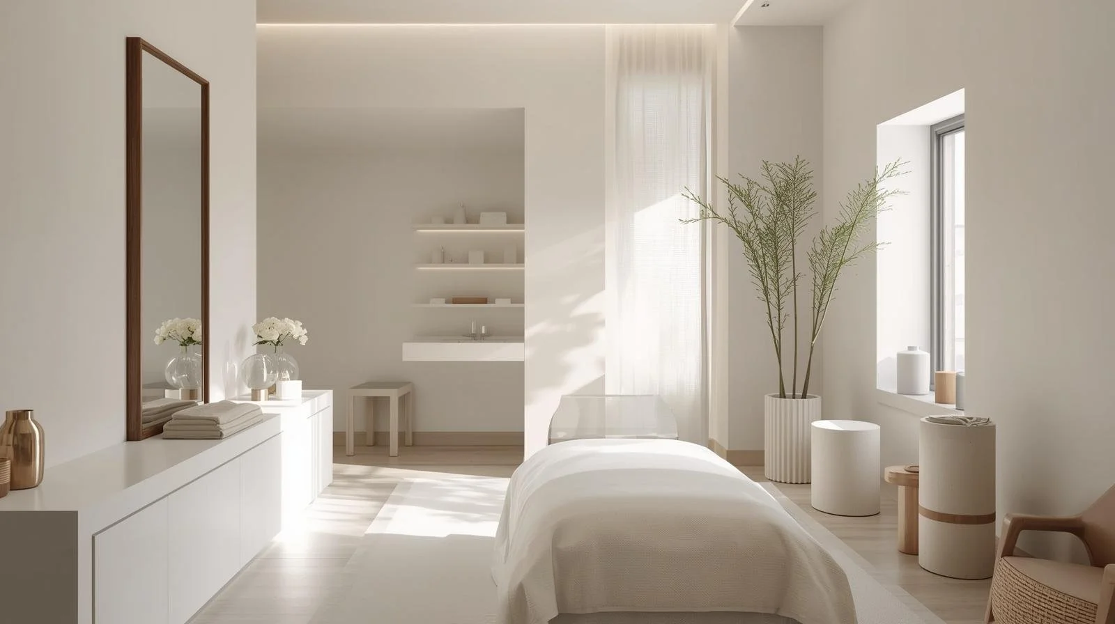 A bright, minimalist bedroom with white walls, large windows, a bed with white bedding, and decor in neutral tones, including vases, a mirror, and a tall potted plant.