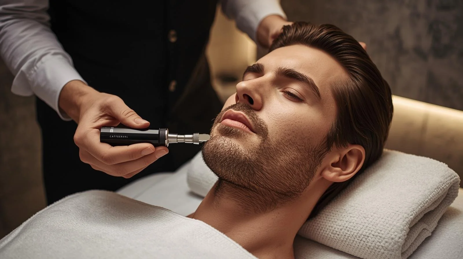 A man receives a facial treatment with a small device on his chin in a spa or clinic setting.