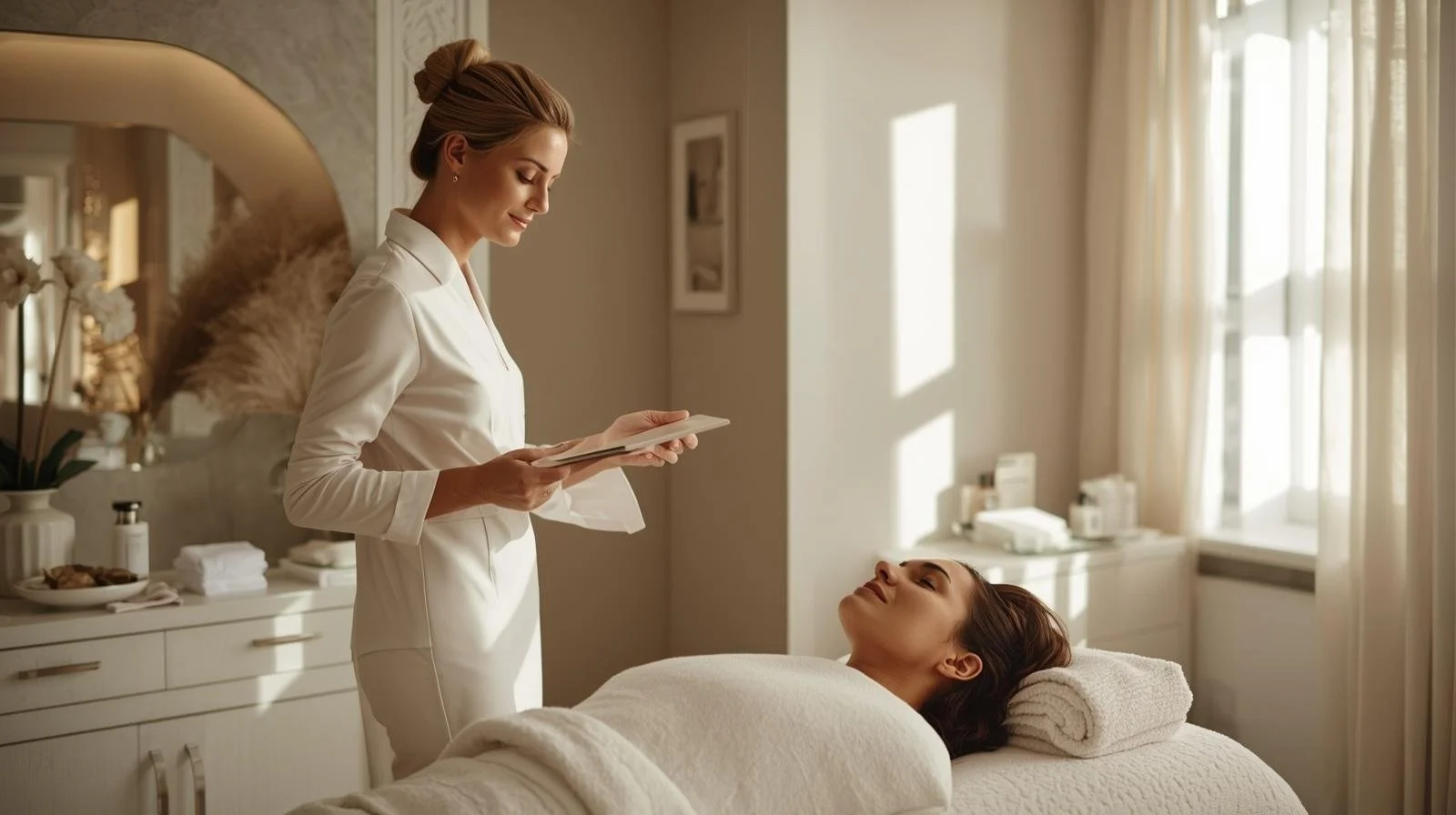A woman with brown hair lying on a treatment bed with her eyes closed, receiving a facial treatment from a professional aesthetician in a bright, cozy spa room.