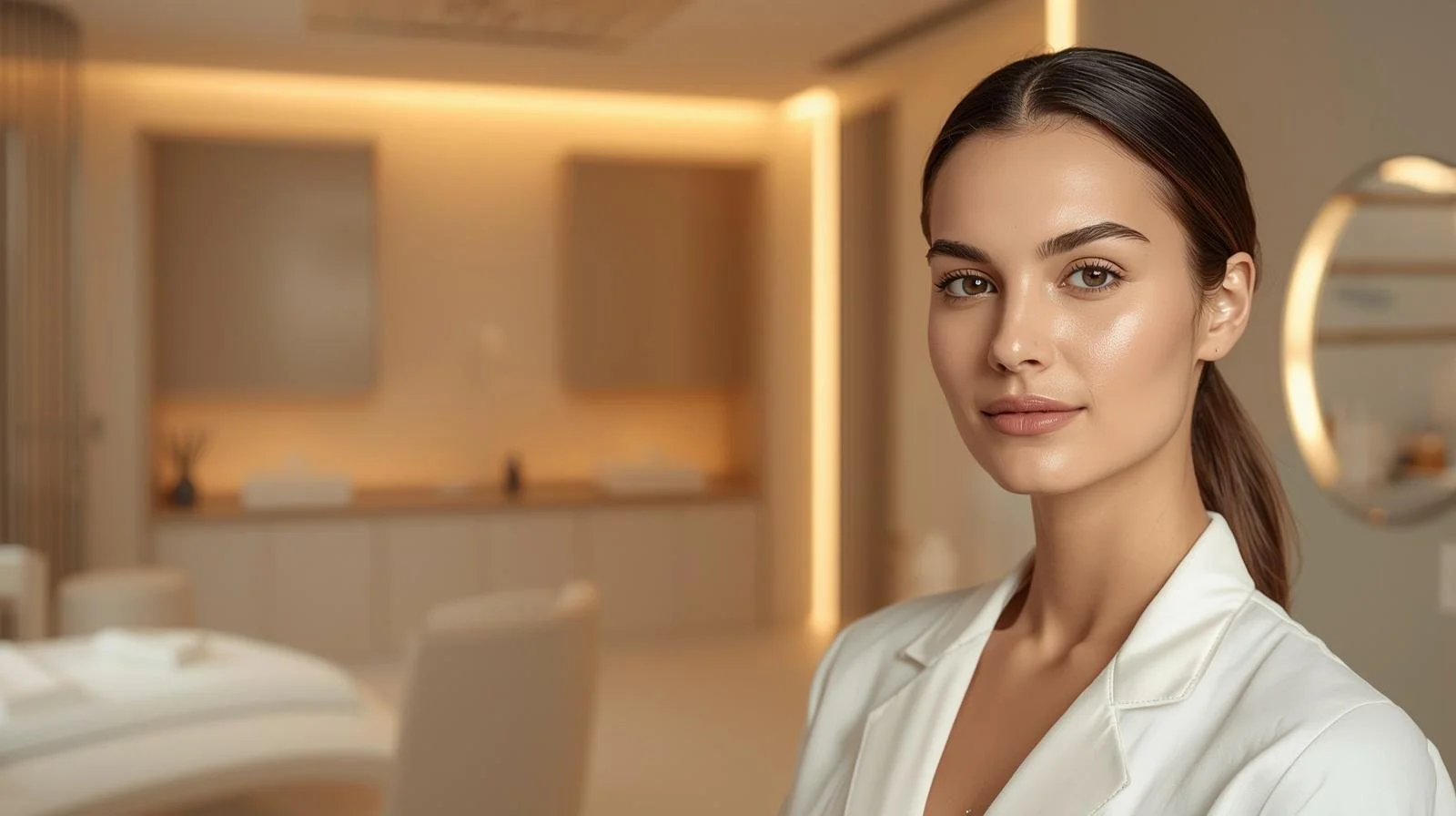 Professional woman in a white uniform inside a modern, warmly lit spa or skincare clinic.
