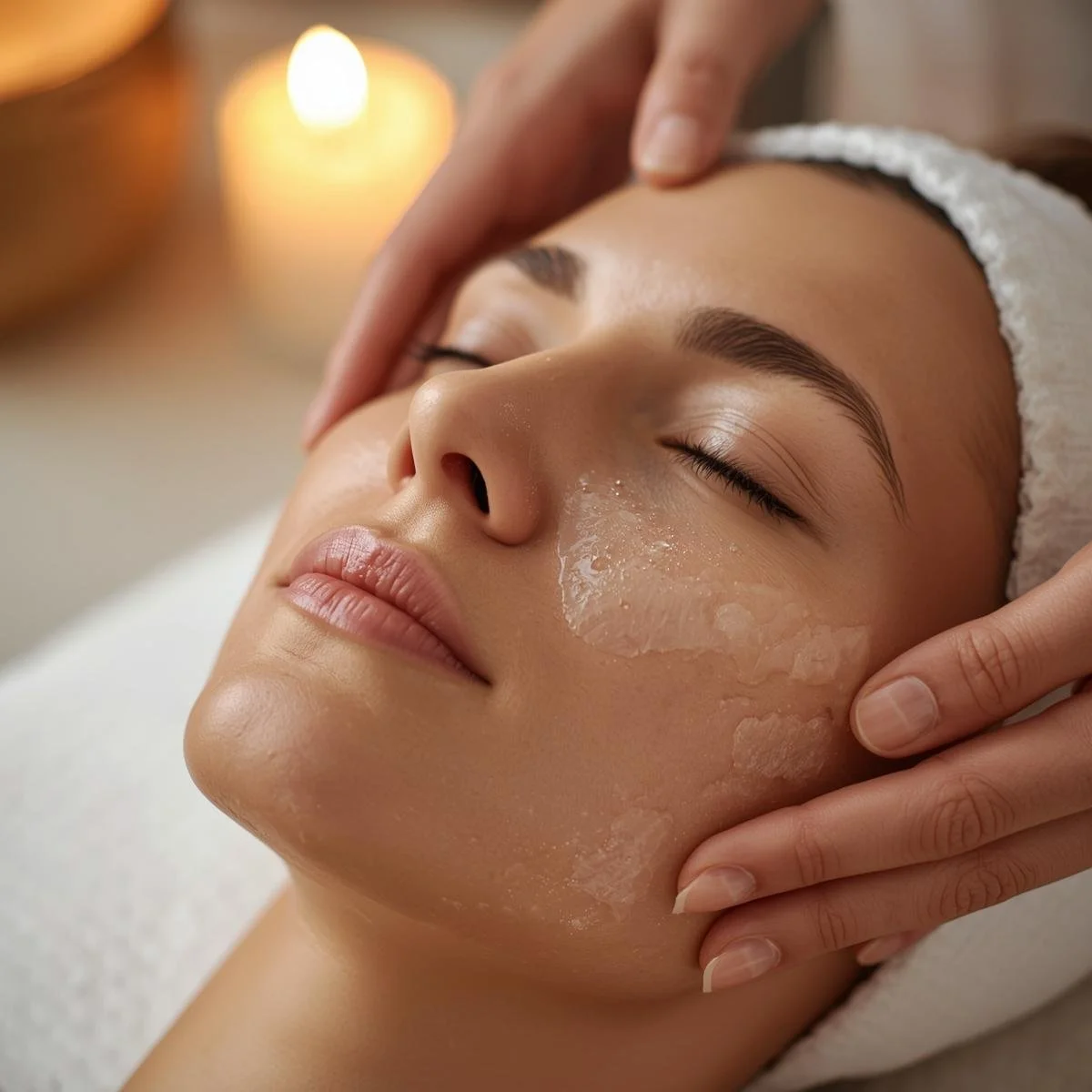 Close-up of a woman receiving a facial treatment, with moisturizer applied to her cheek, in a spa or salon setting.