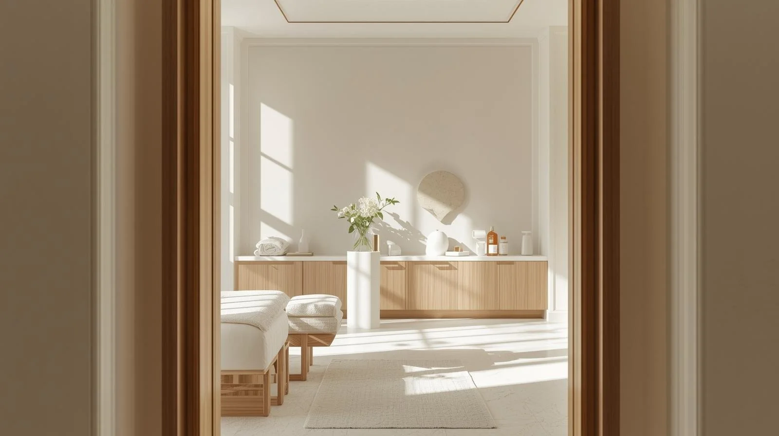 Bright and minimalist room with natural wood accents, sunlight streaming through windows, a white couch with a matching ottoman, and a sideboard decorated with white vases, a bouquet of white flowers, and bottles.