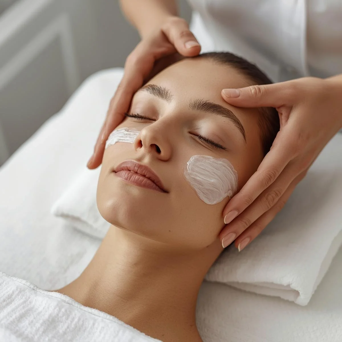 A woman receiving a facial treatment, lying with her eyes closed, with cream applied to her cheeks, in a spa or skincare setting.