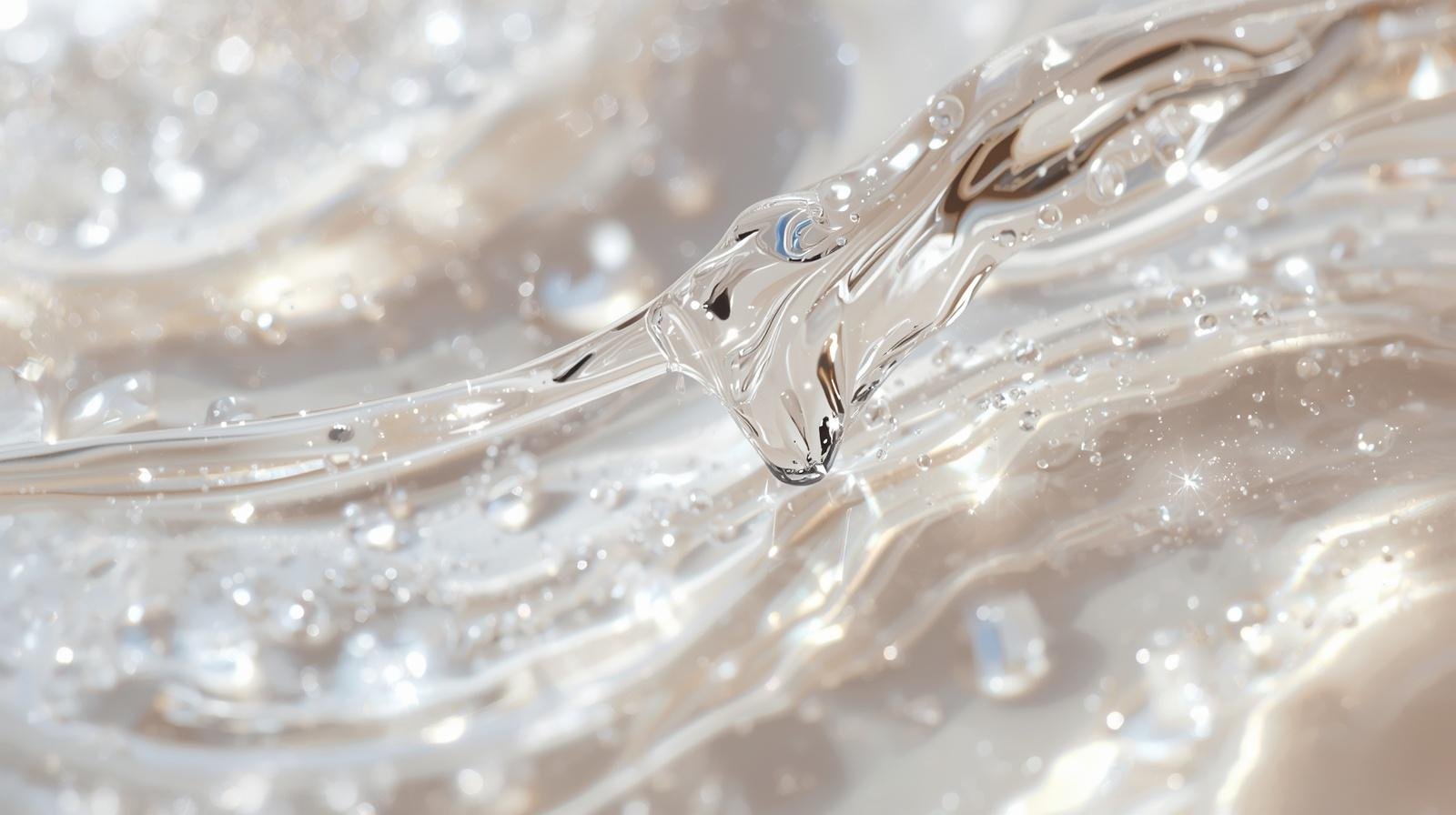 Close-up of clear water flowing and splashing, with bubbles and light reflections.
