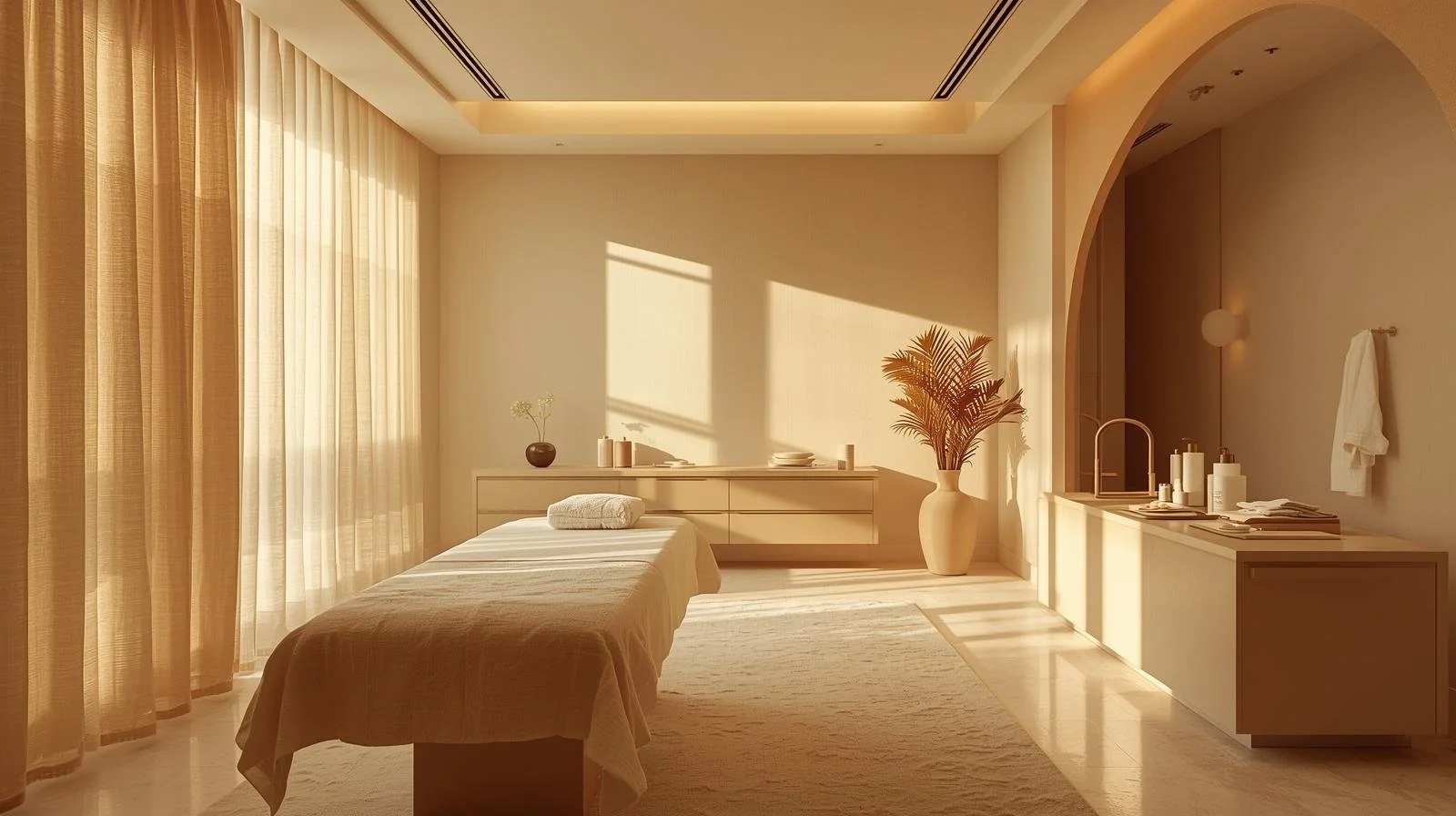 A serene spa room with a massage bed, warm sunlight through curtains, minimalist decor, a large potted plant, and a countertop with spa products.