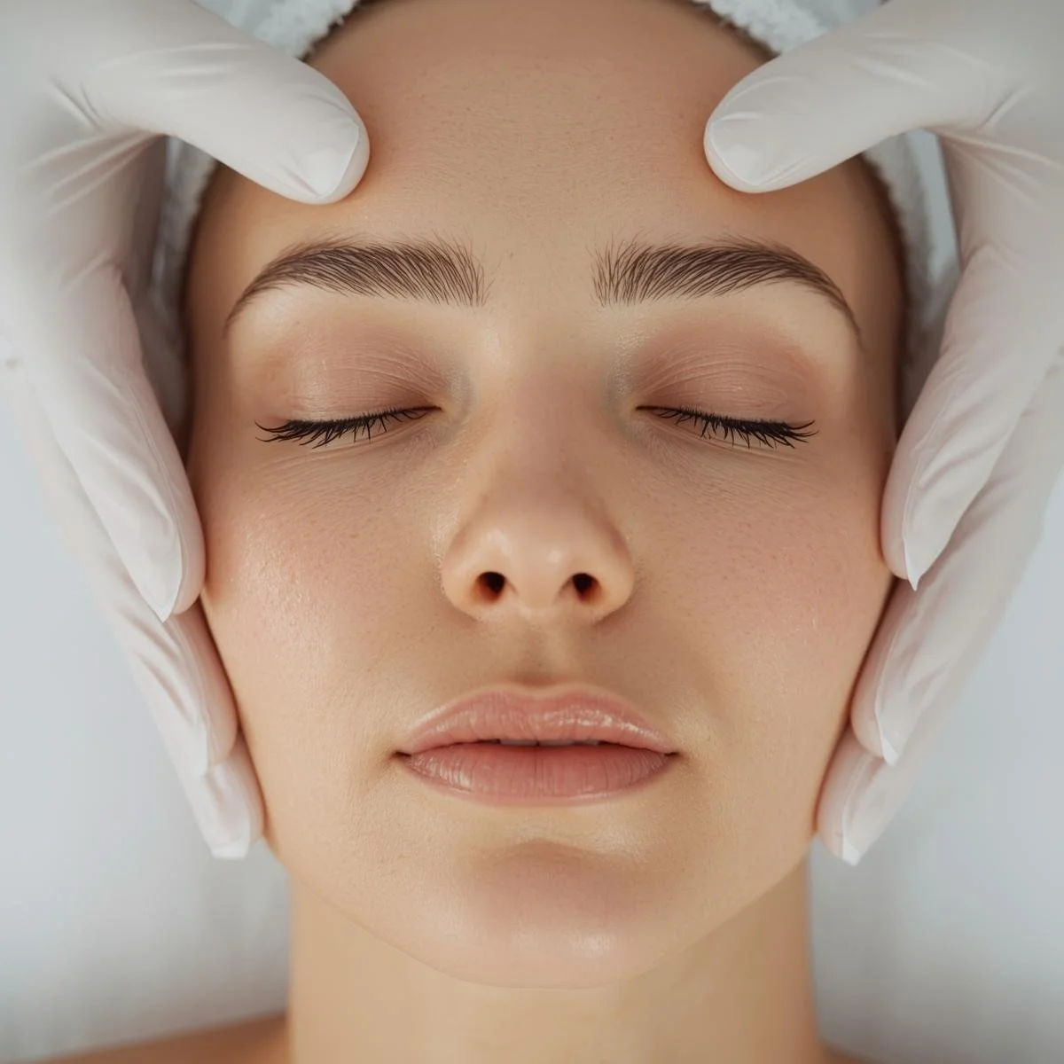 Close-up of a woman receiving a facial or skincare treatment with white-gloved hands gently massaging her forehead.