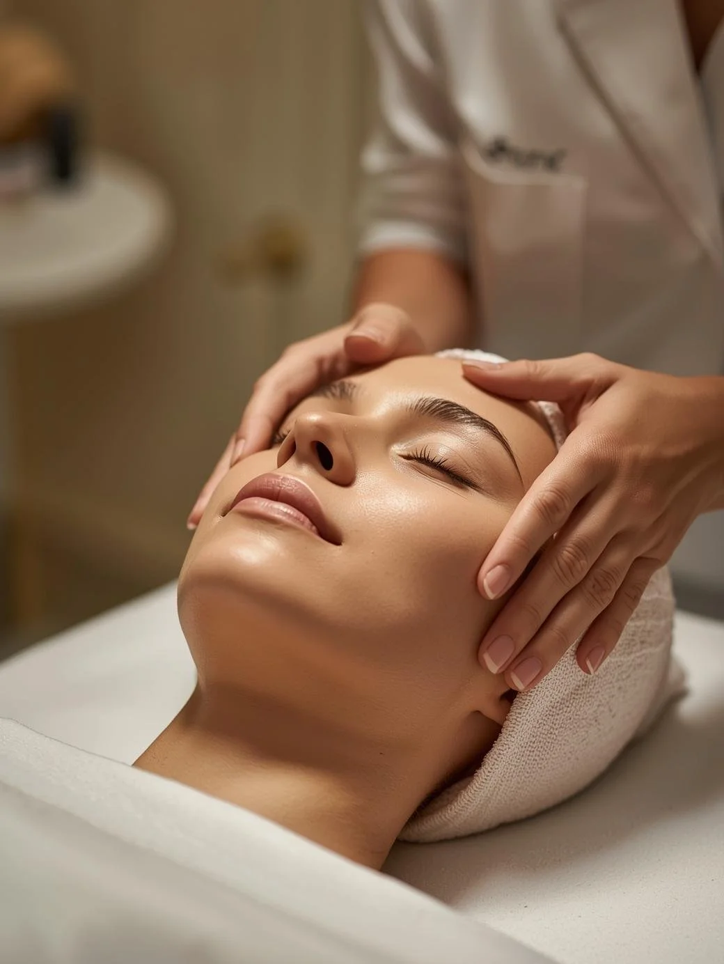 A woman receives a facial treatment from a skincare professional in a spa or clinic setting.