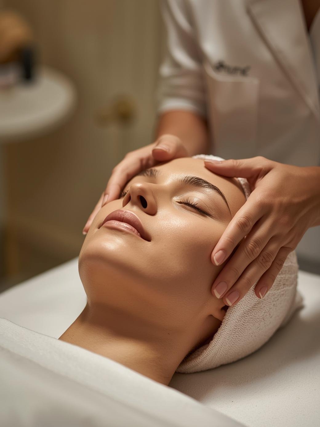 A woman is lying down with her eyes closed during a facial treatment at a spa or skincare clinic, while an esthetician is gently massaging her face.