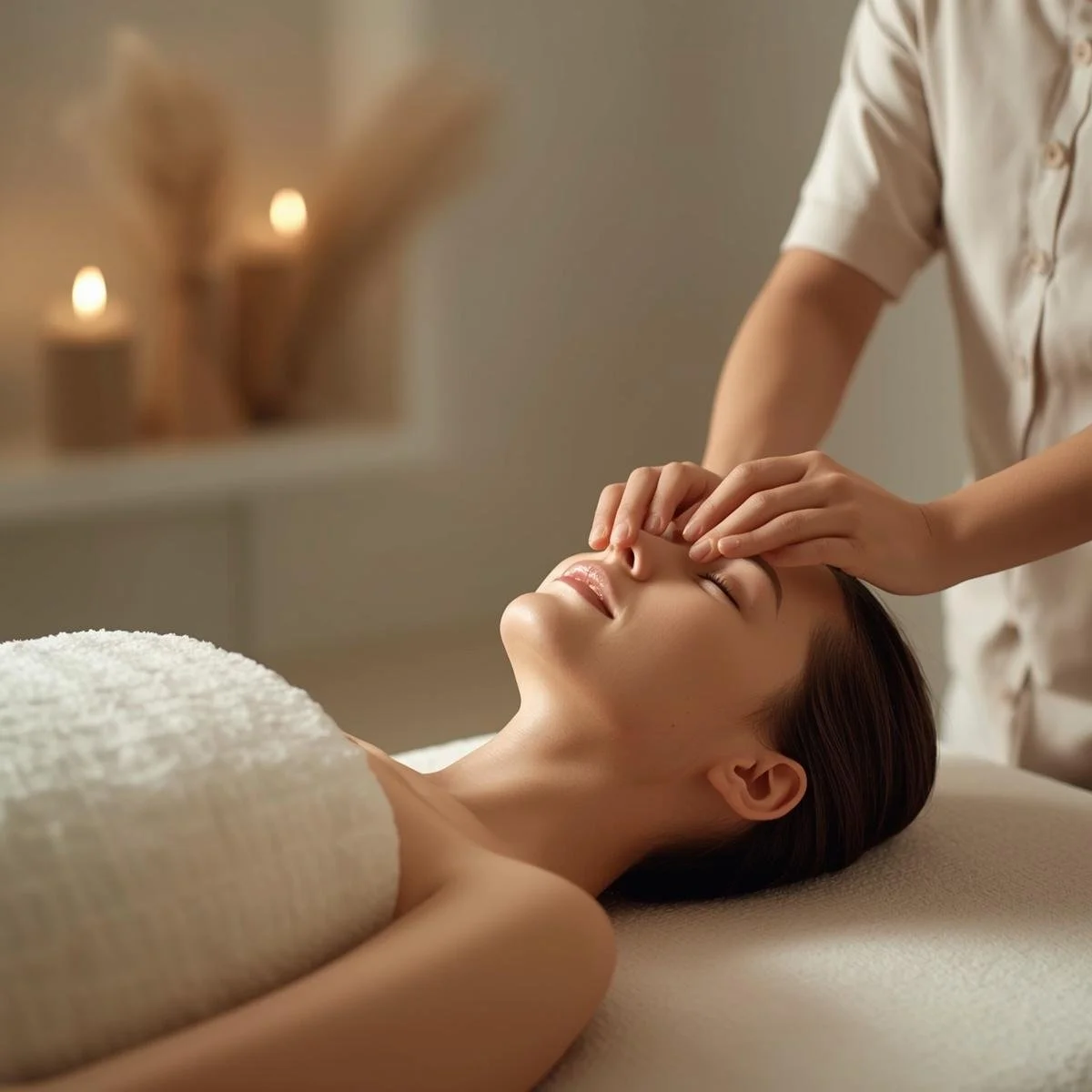 A woman receives a facial massage in a spa setting with candles in the background.