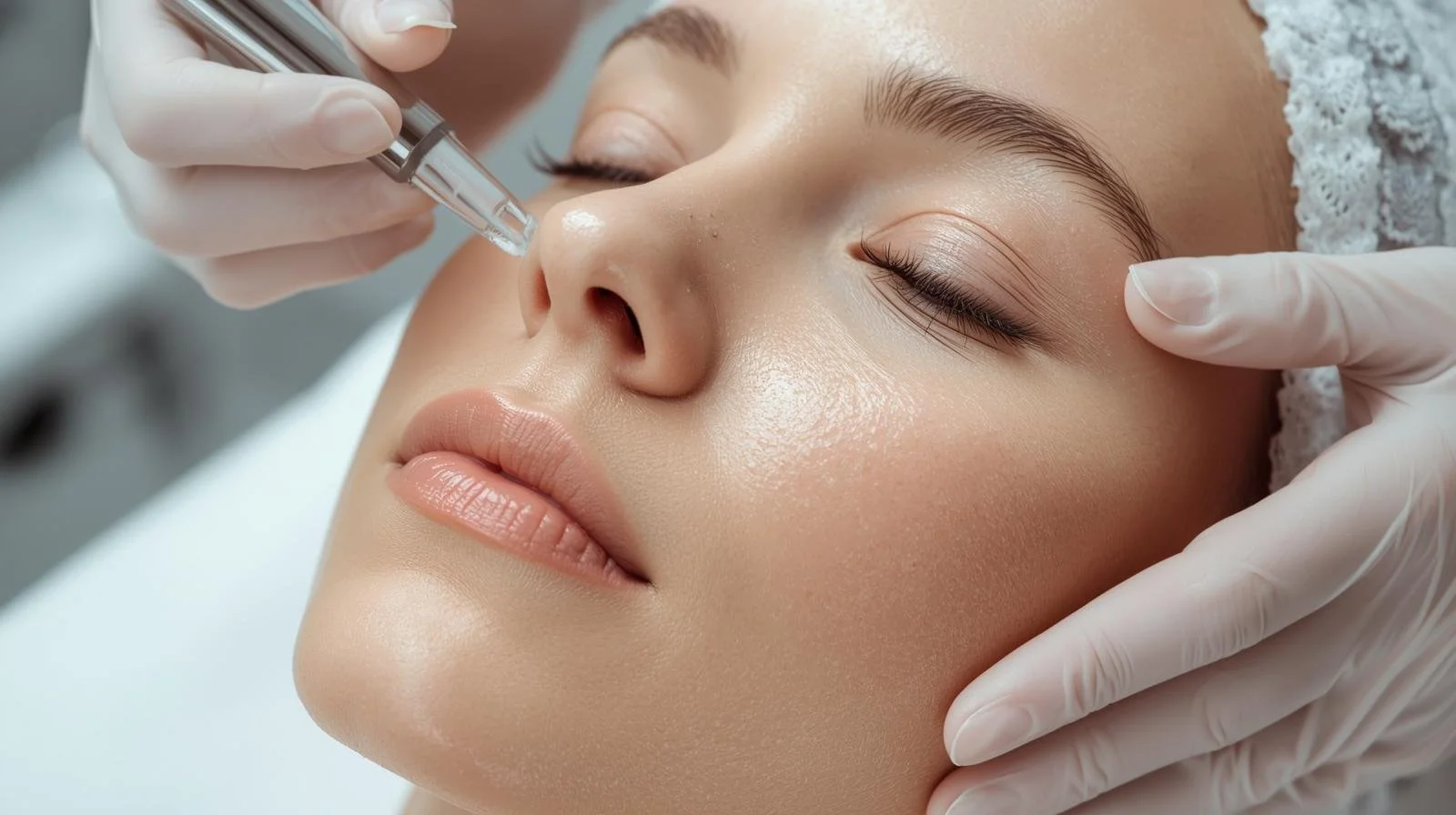 A woman receiving a facial treatment with a syringe, lying with eyes closed and a relaxed expression.