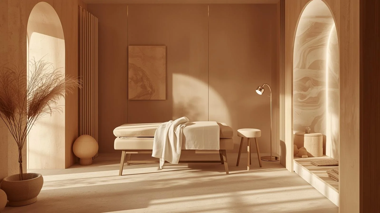 Minimalist massage room with a massage table, a small side table, a floor lamp, and neutral-toned decor.